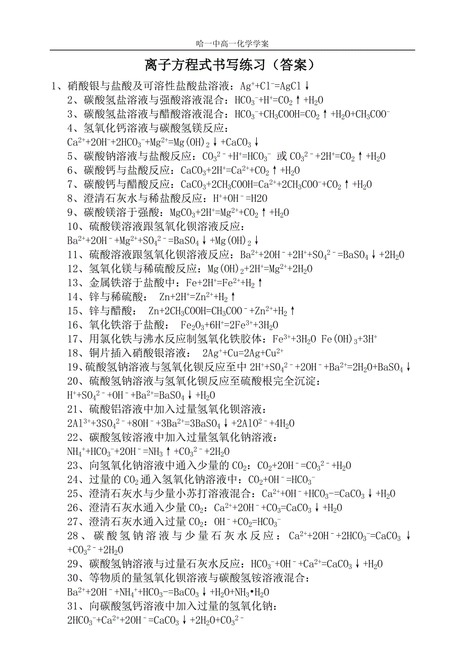 高一离子反应方程式汇总练习_第1页