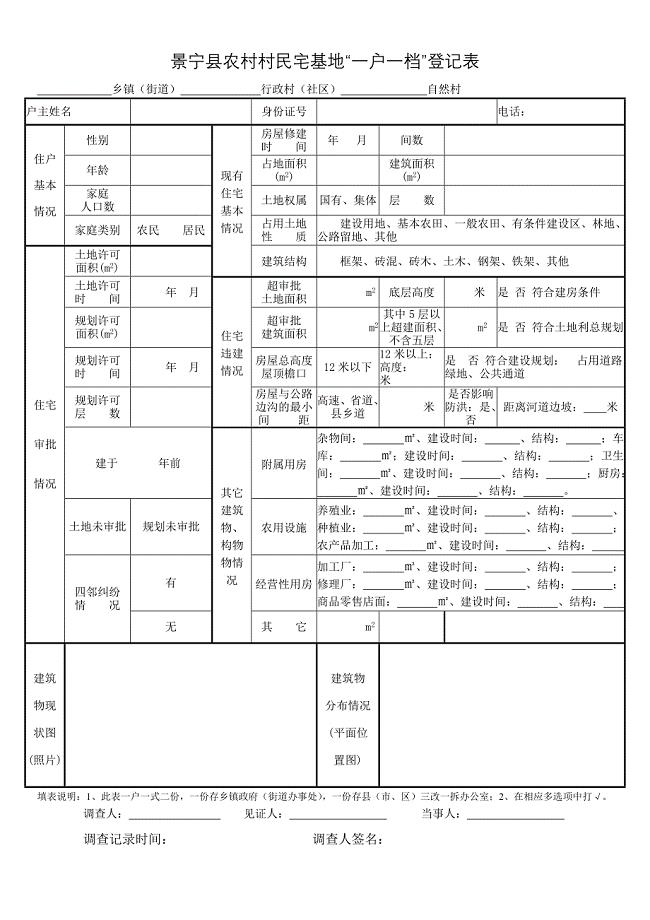 景宁县农村村民宅基地“一户一档”登记表