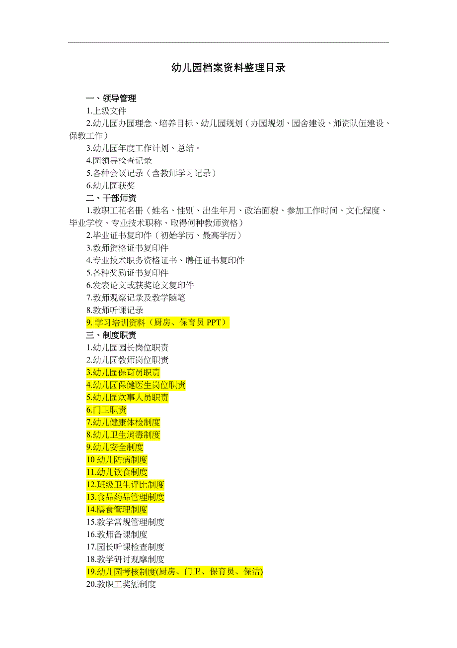 幼儿园档案资料整理目录_第1页