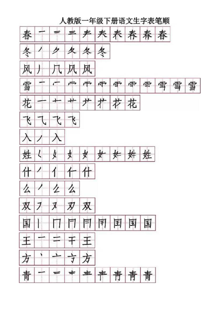 部编语文一年级下册生字表笔顺练习(可打印)_第1页