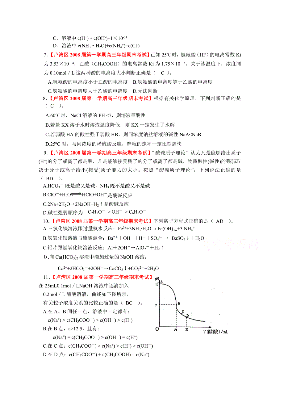 上海市2009届高三化学各地名校月考试题汇编：电解质溶液1.doc_第2页