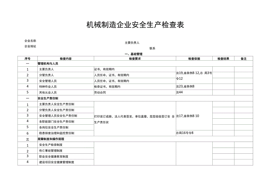 机械制造企业安全生产检查表_第1页