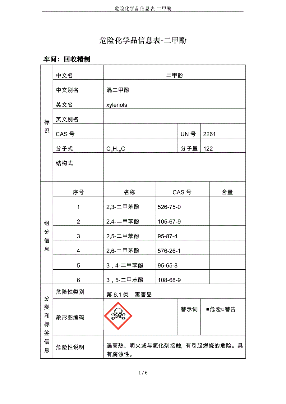 危险化学品信息表-二甲酚_第1页