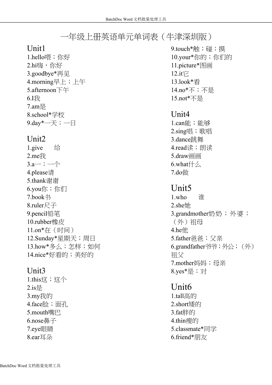 一年级上册英语单元单词表(牛津深圳版)_第1页