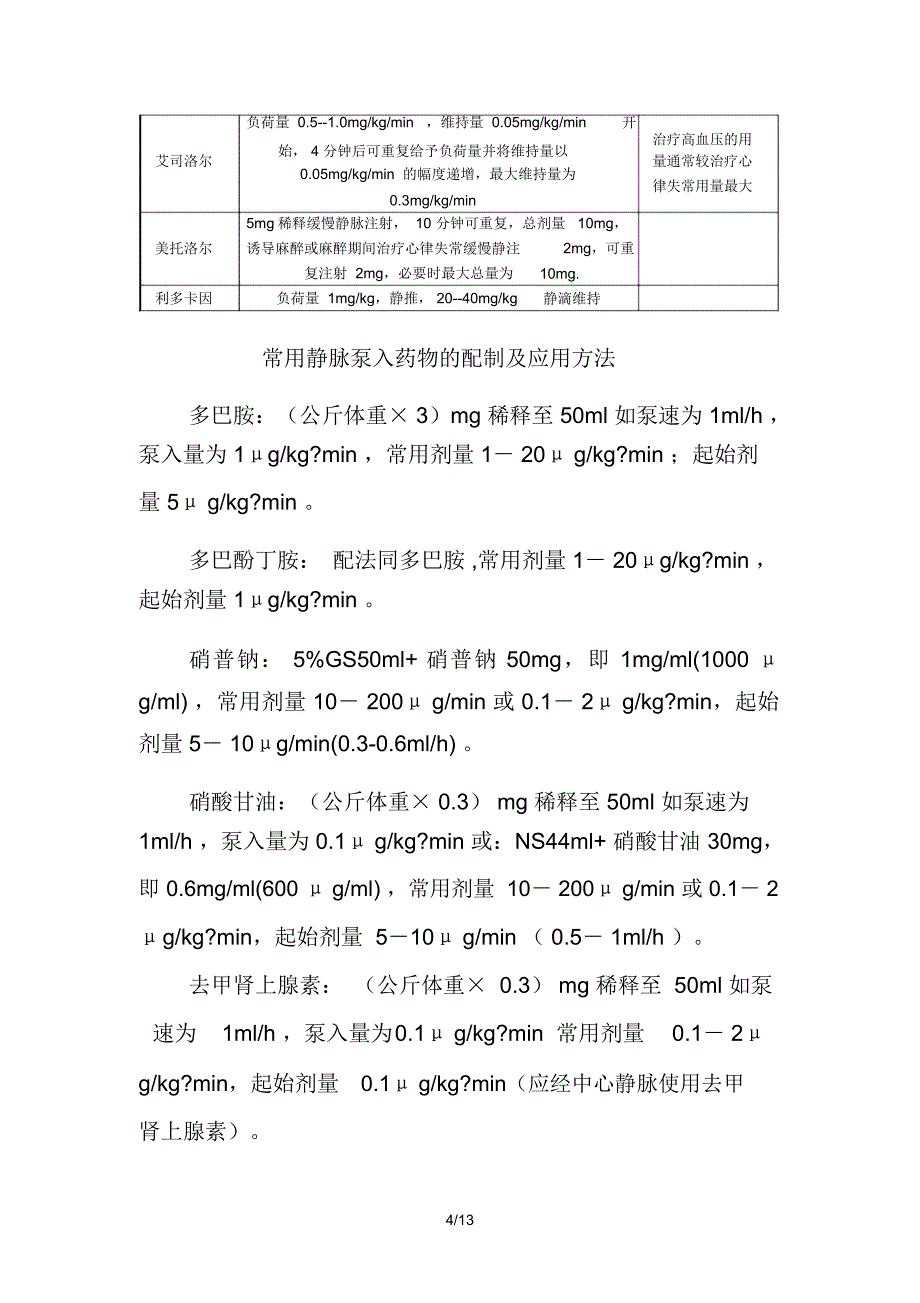 急诊科常用静脉泵入药物配置表_第4页