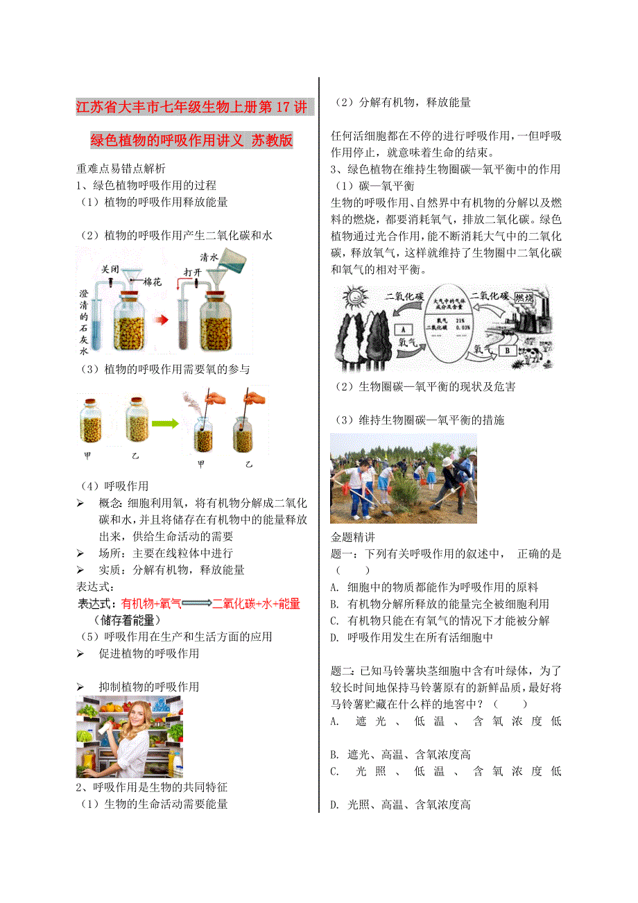 江苏省大丰市七年级生物上册 第17讲 绿色植物的呼吸作用讲义 苏教版_第1页