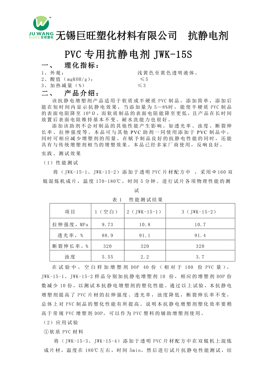 透明PVC抗静电剂(聚氯乙烯抗静电剂,不影响透明度)JWK-15S.doc_第1页