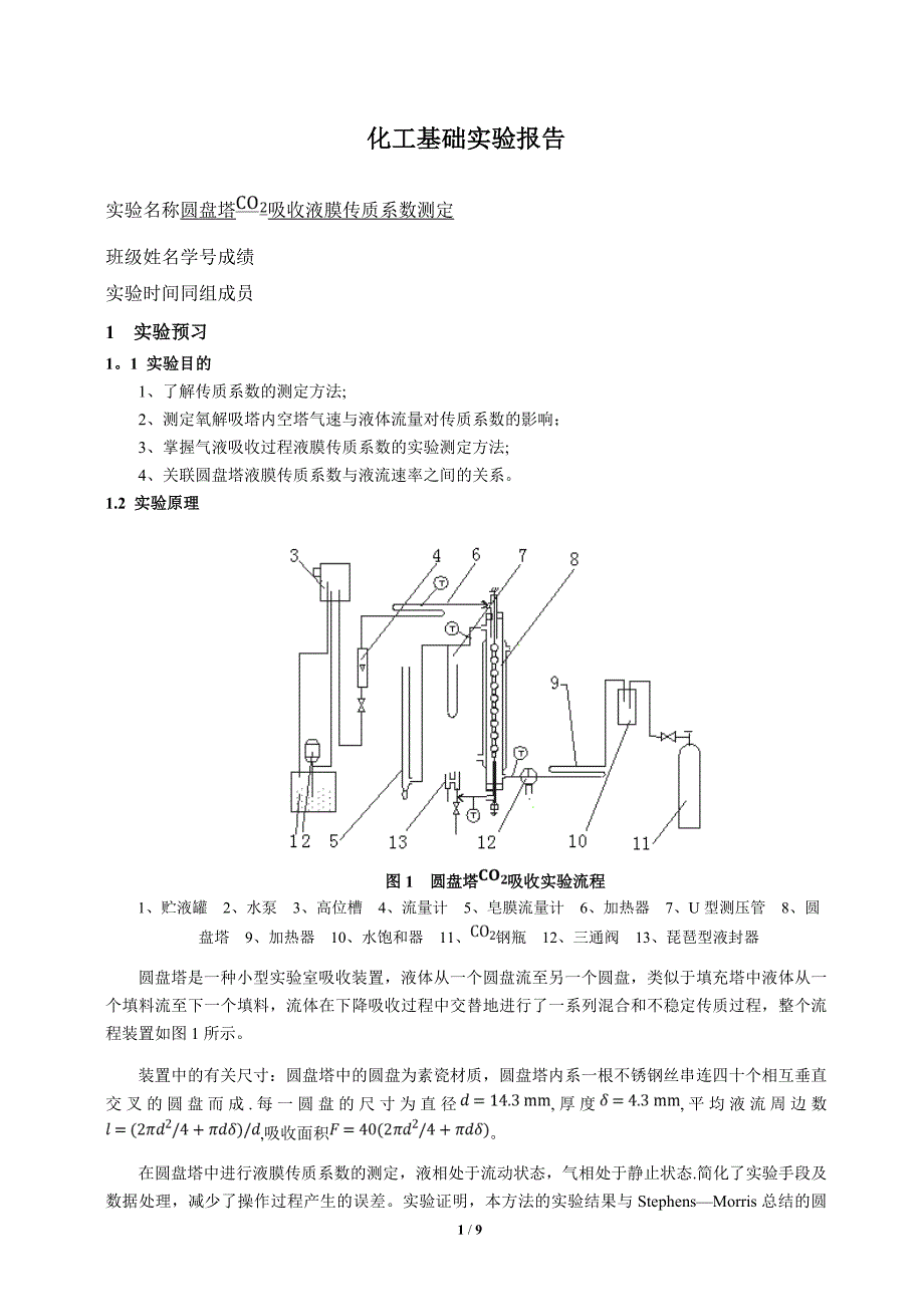 清华大学化工实验基础圆盘塔吸收实验报告_第1页