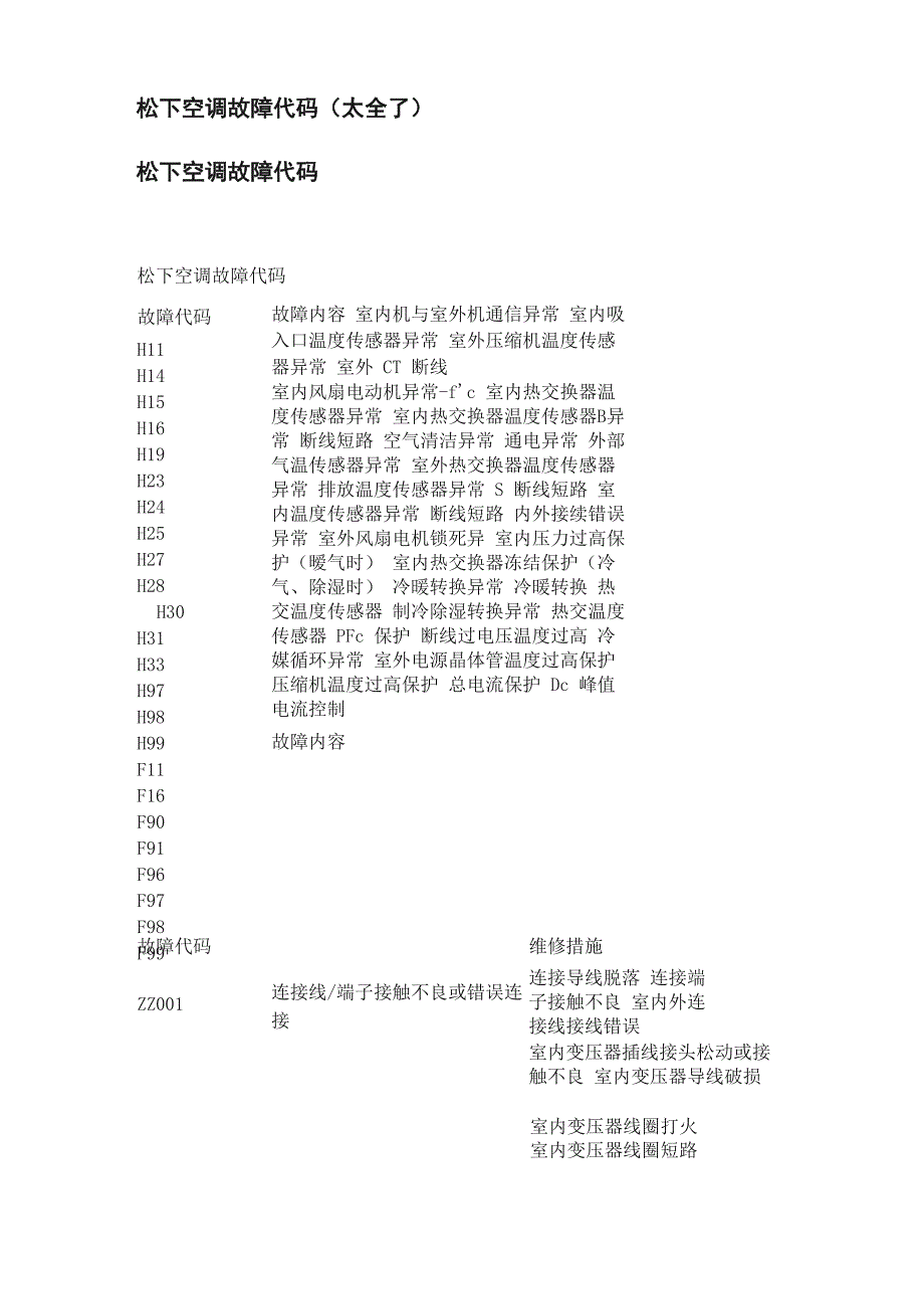 松下空调故障代码_第1页