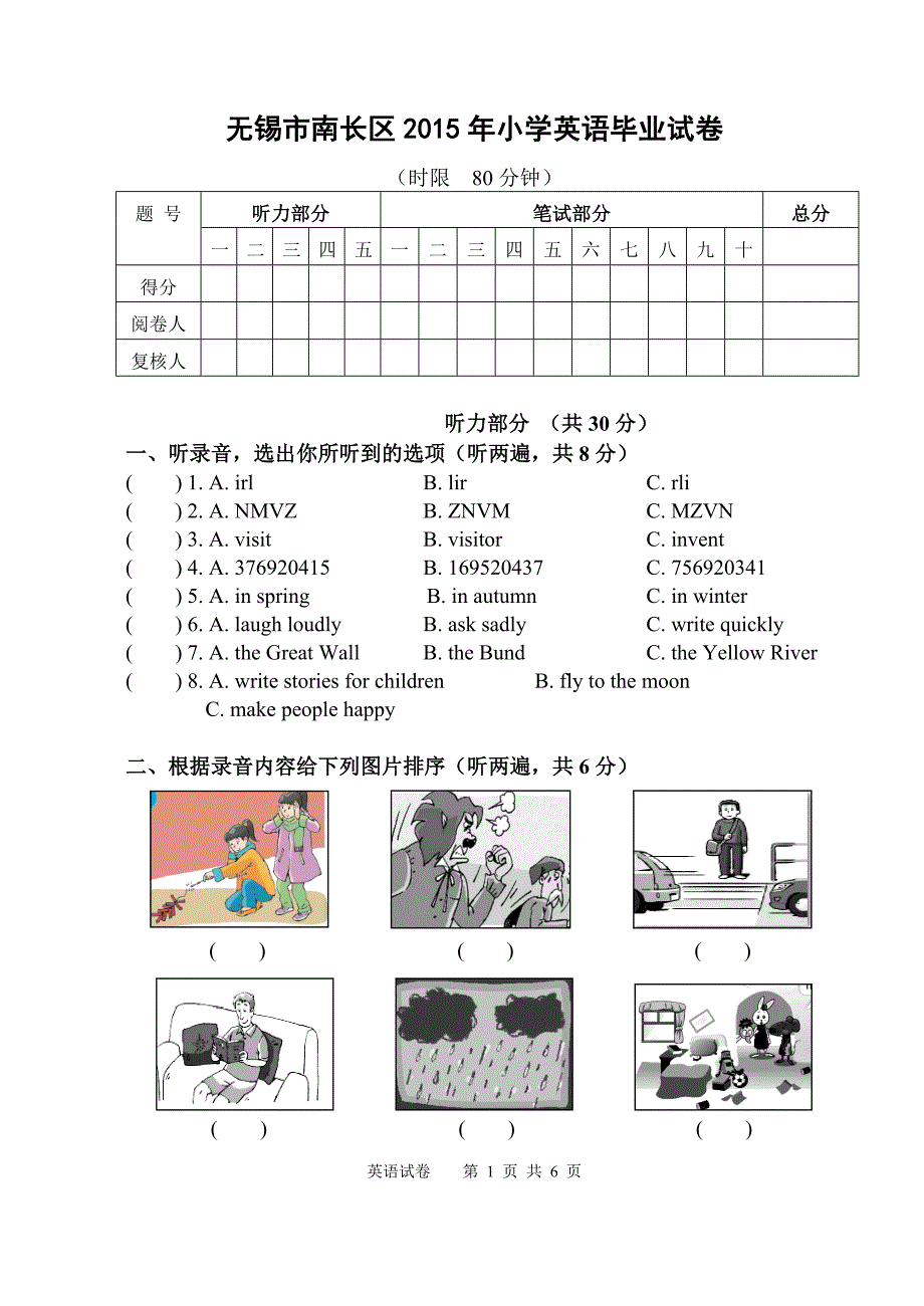 无锡市南长区2015年小学英语毕业试卷_第1页