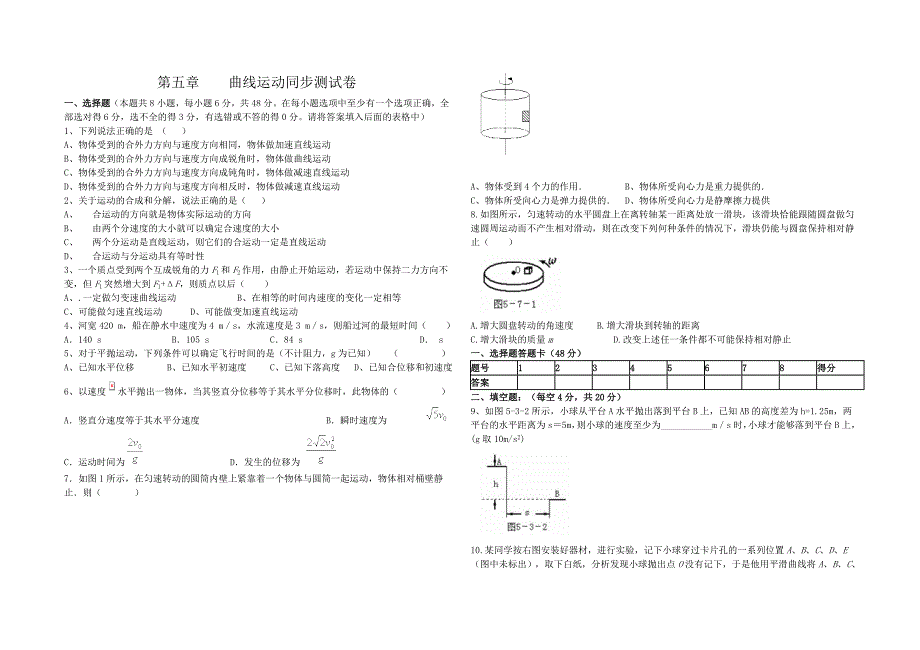 曲线运动练习题及答案详解_第1页