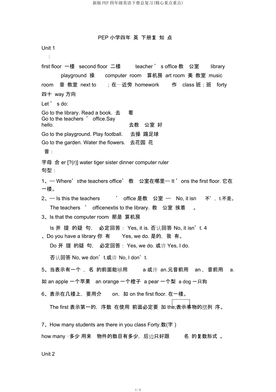 新PEP四年级英语下册总复习(精心重点要点).docx_第1页