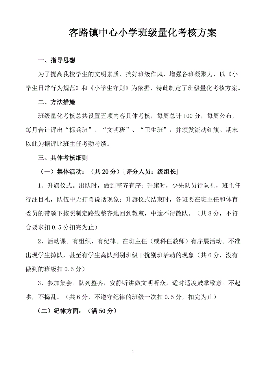 中心小学班级量化考核方案_第1页