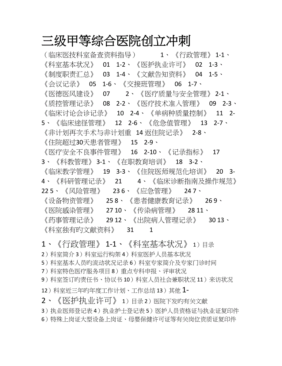 三级甲等综合医院创建冲刺临床医技科室备查资料指引_第1页