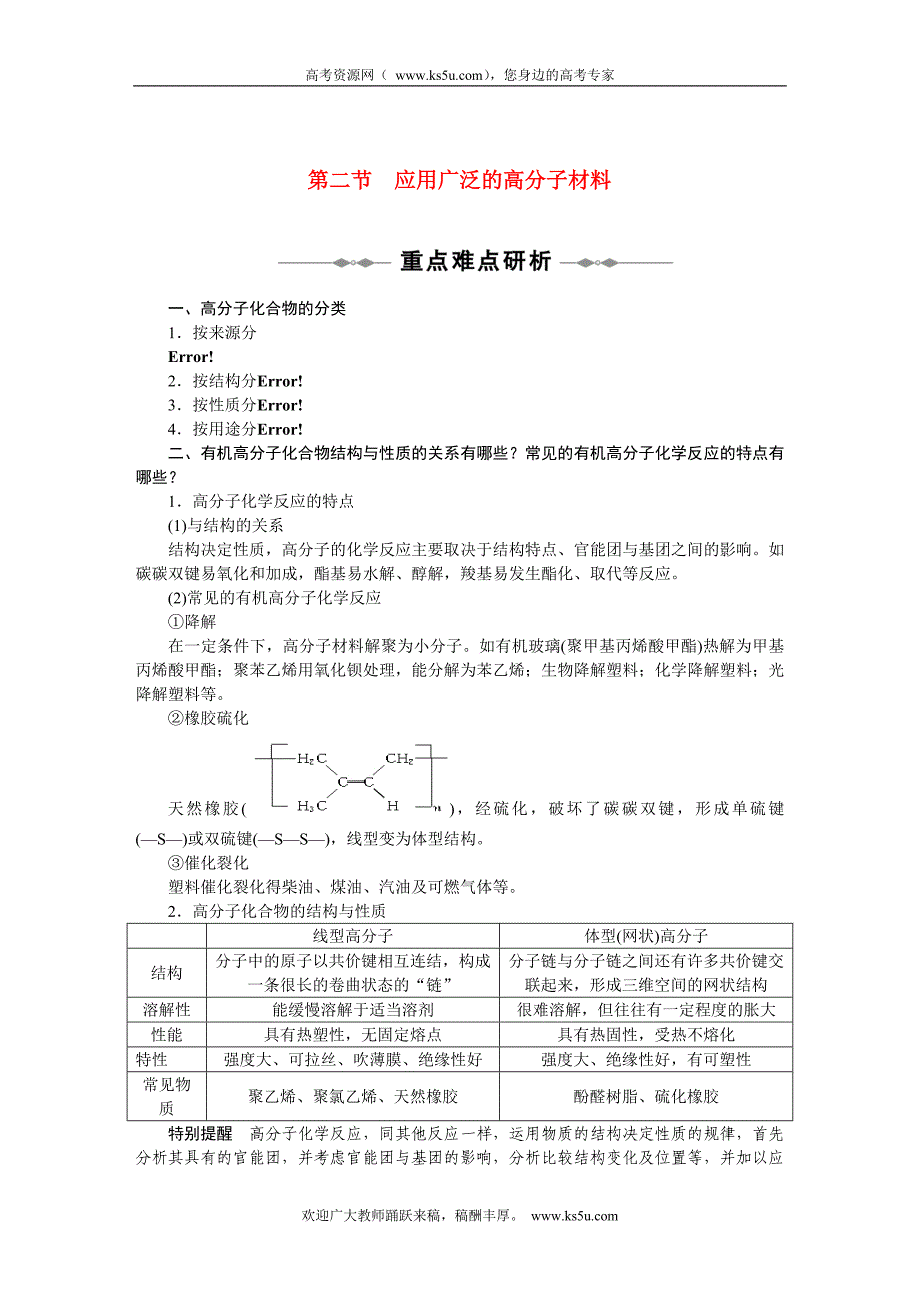 高中化学 第五章 第二节 《应用广泛的高分子材料》同步学案 新人教版选修5_第1页