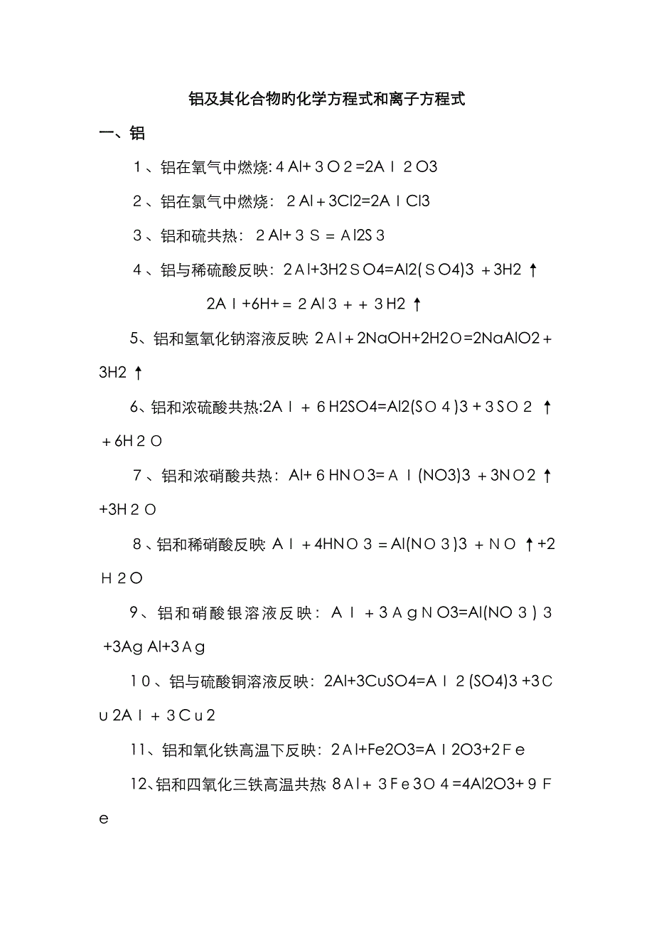 铝及其化合物的化学方程式和离子方程式_第1页