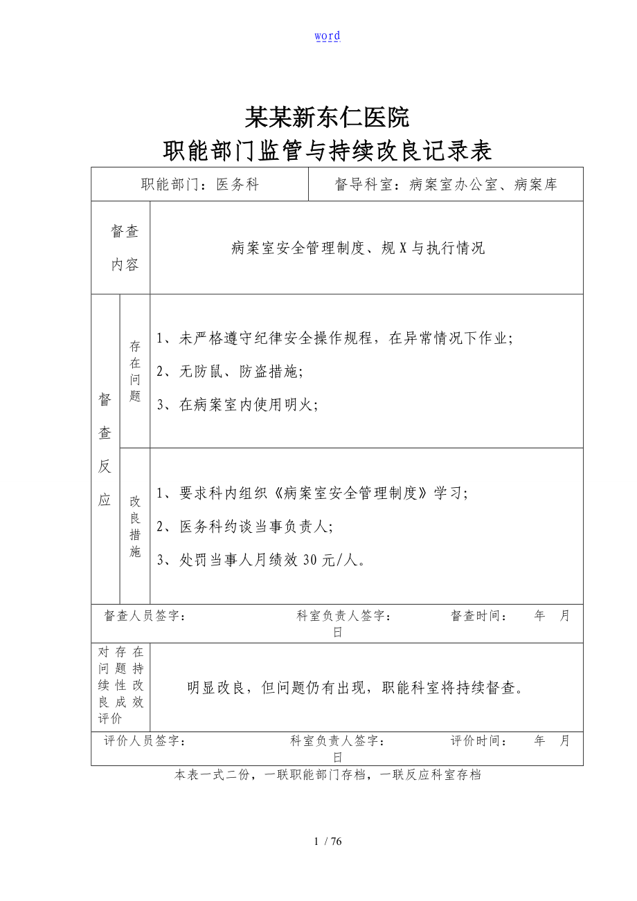 职能部门监管及持续改进记录簿表423