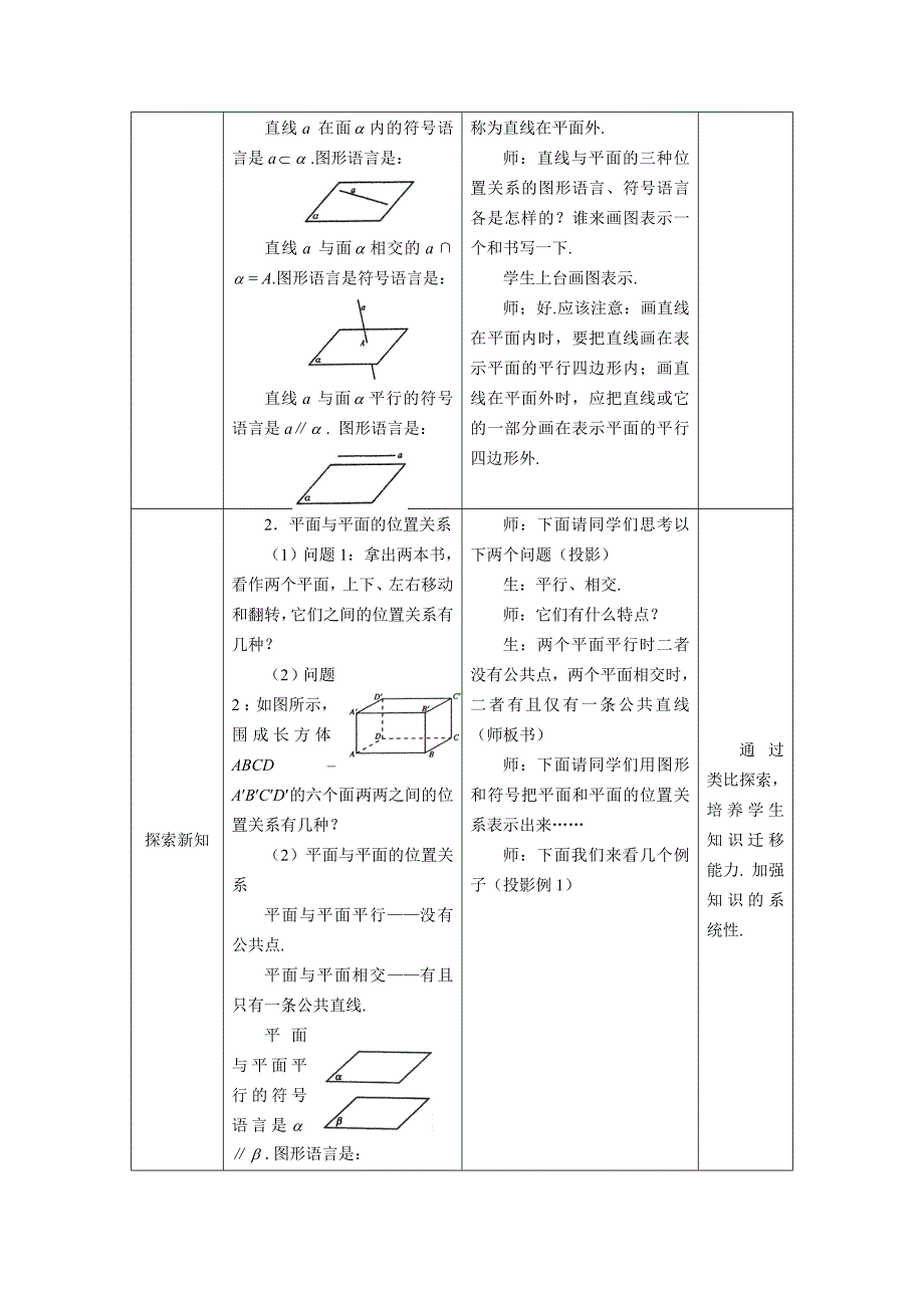 人教A版数学必修二2.1.3空间中直线与平面、平面与平面之间的位置关系教案设计_第2页