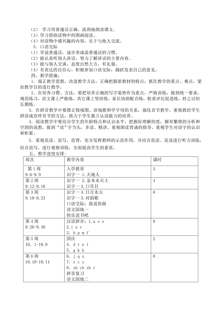 部编小学一年级语文上册教学计划(附课时安排)_第2页