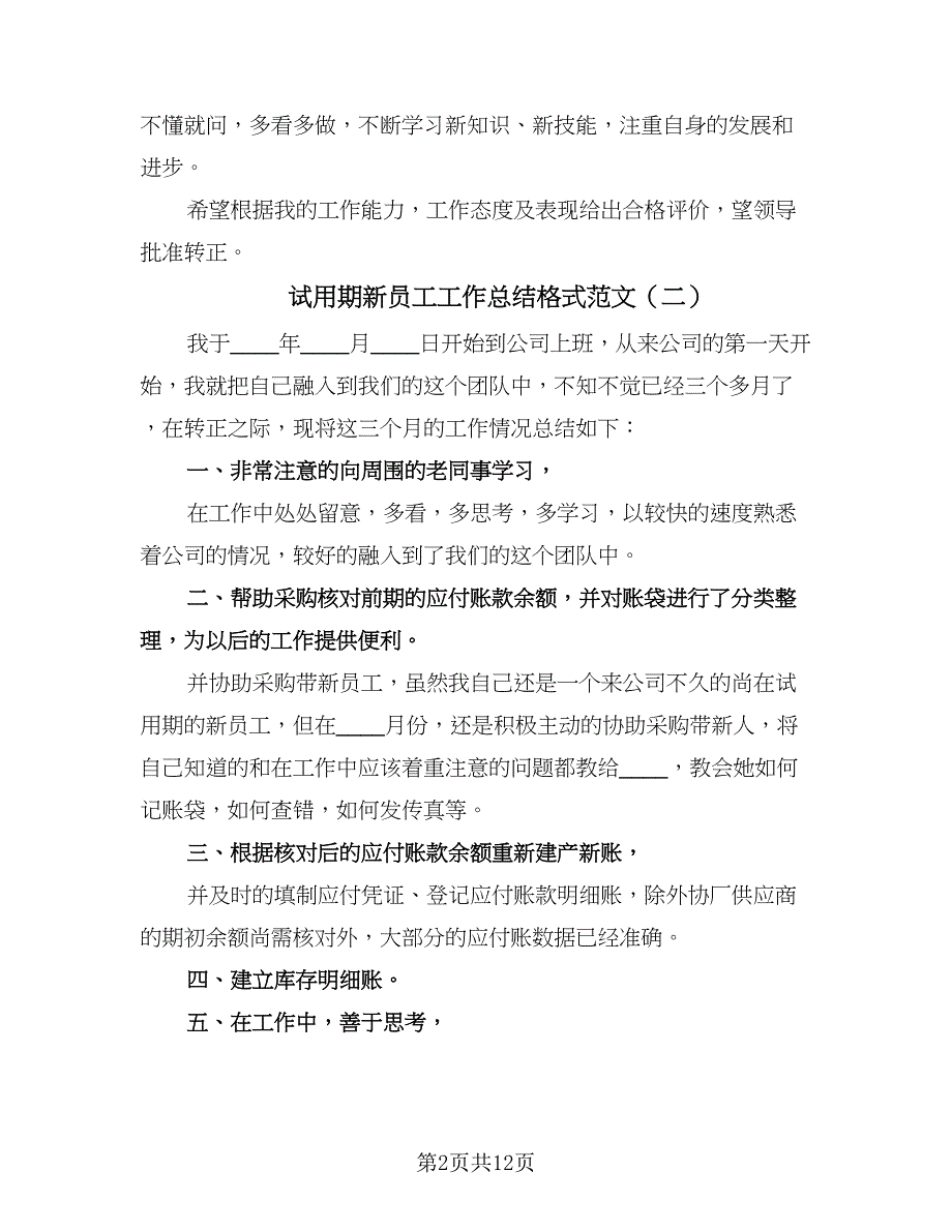 试用期新员工工作总结格式范文（5篇）.doc_第2页