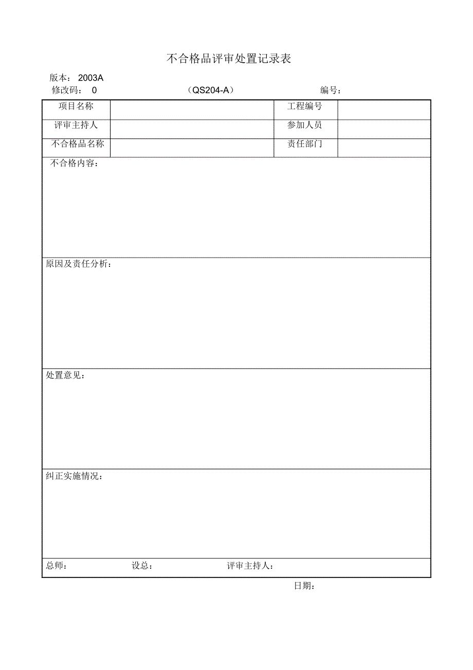 QS204-A不合格品评审处置记录表_第1页