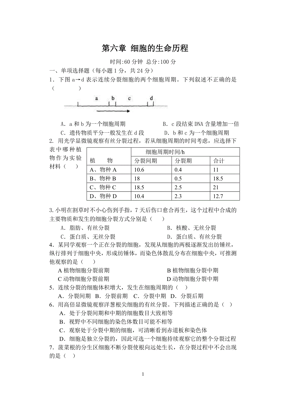 高中生物必修一第六章试题_第1页