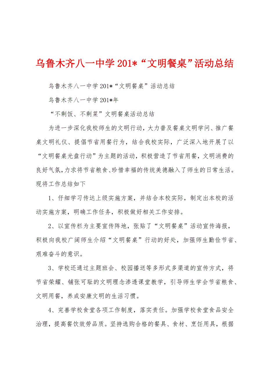 乌鲁木齐八一中学2023年“文明餐桌”活动总结.docx_第1页