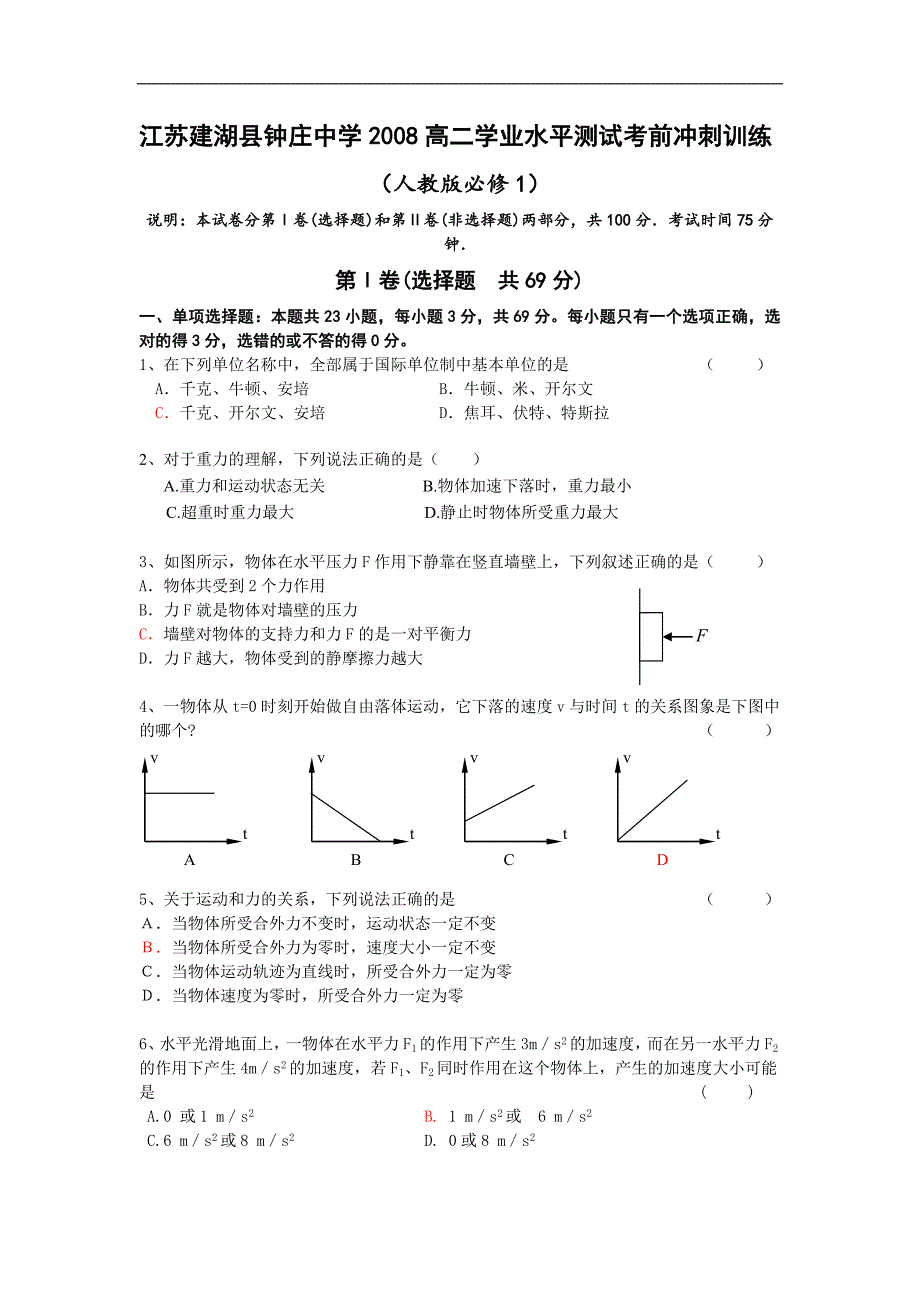 江苏建湖县XX中学高二物理学业水平测试考前冲刺训练1_第1页