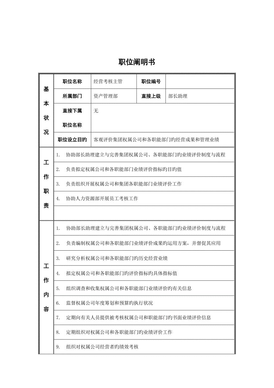 经营考核主管的职位专项说明书_第1页