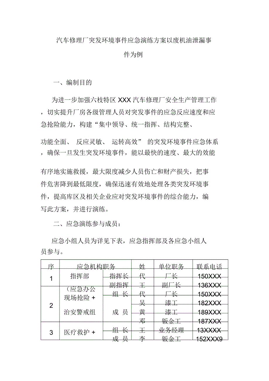 汽车修理厂突发环境事件应急演练方案以废机油泄漏事件为例_第1页