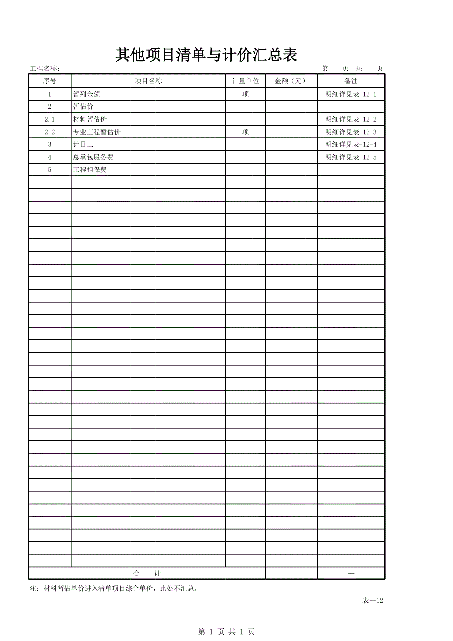 （成本管理）表—12-其他项目清单与计价汇总表_第1页
