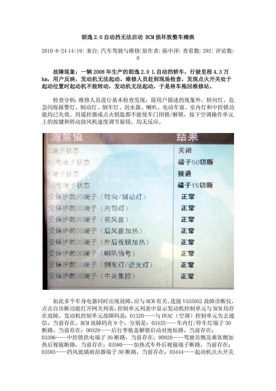 上海大众朗逸轿车车身控制单元电路分析及故障排除00.docx_第1页