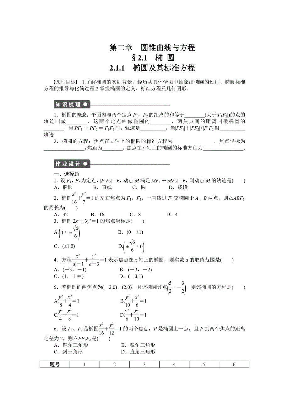 人教a版数学【选修11】作业：2.1.1椭圆及其标准方程含答案_第1页