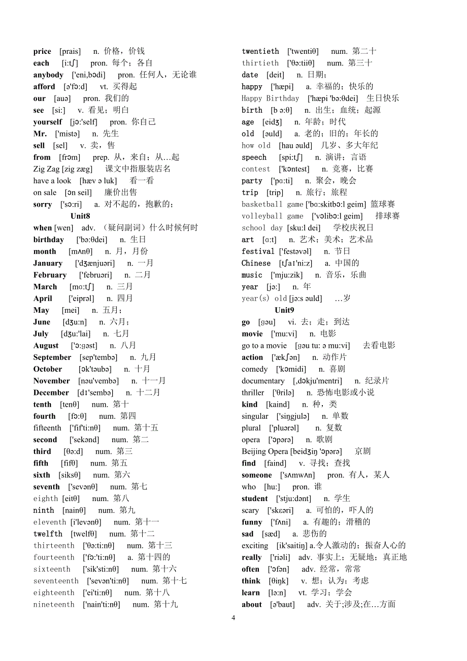 人教版七年级上册英语单词带音标整理版_第4页