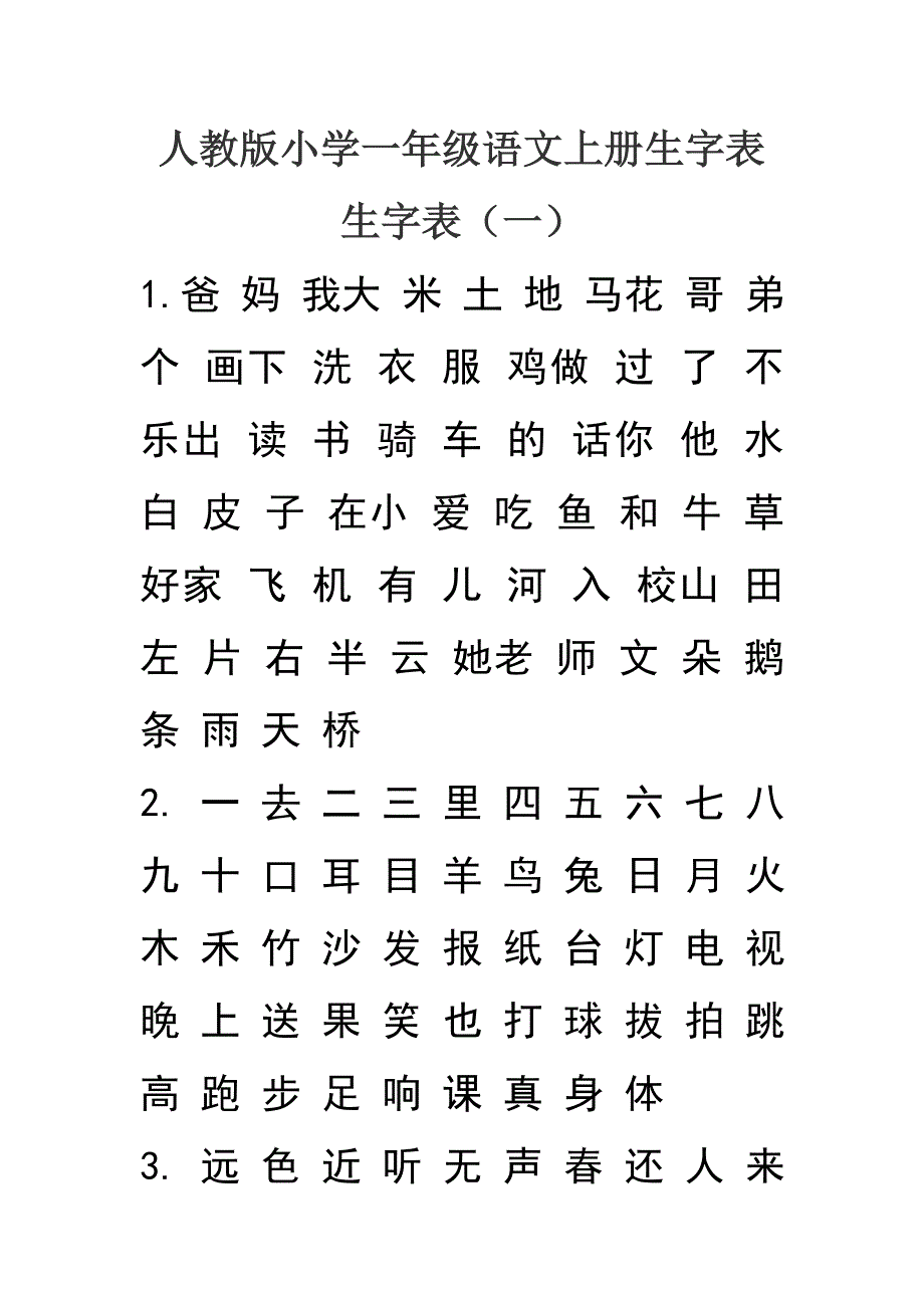 人教版小学一年级语文上下册生字表_第1页