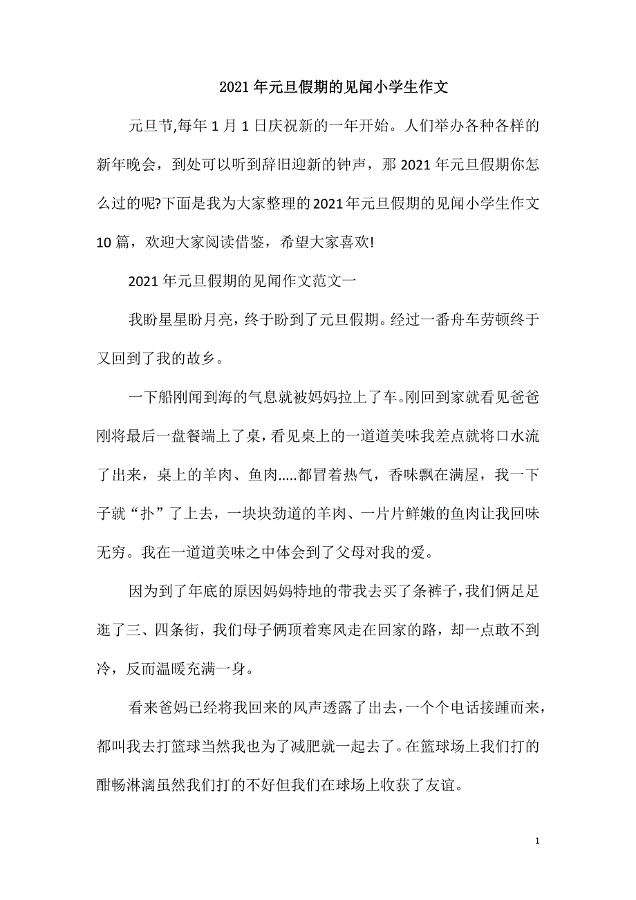 2021年元旦假期的见闻小学生作文_第1页