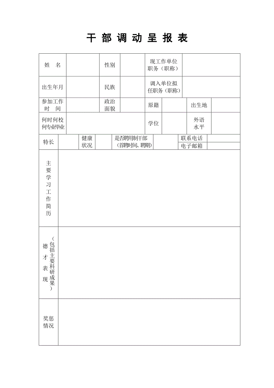 福建省公务员(或事业单位)干部调动呈报表_第1页