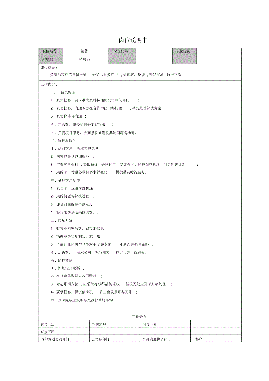销售部销售岗位说明书_第1页