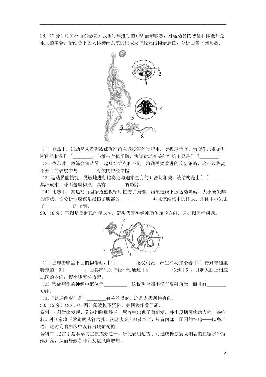 2015_2016学年度八年级生物册第四单元第六章人体生命活动的调节综合检测题含解析鲁科版_第5页