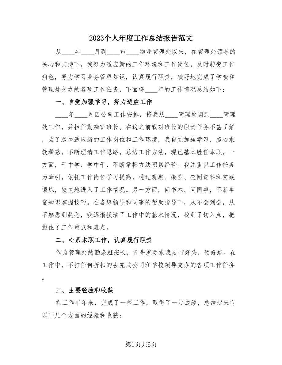 2023个人年度工作总结报告范文（3篇）_第1页