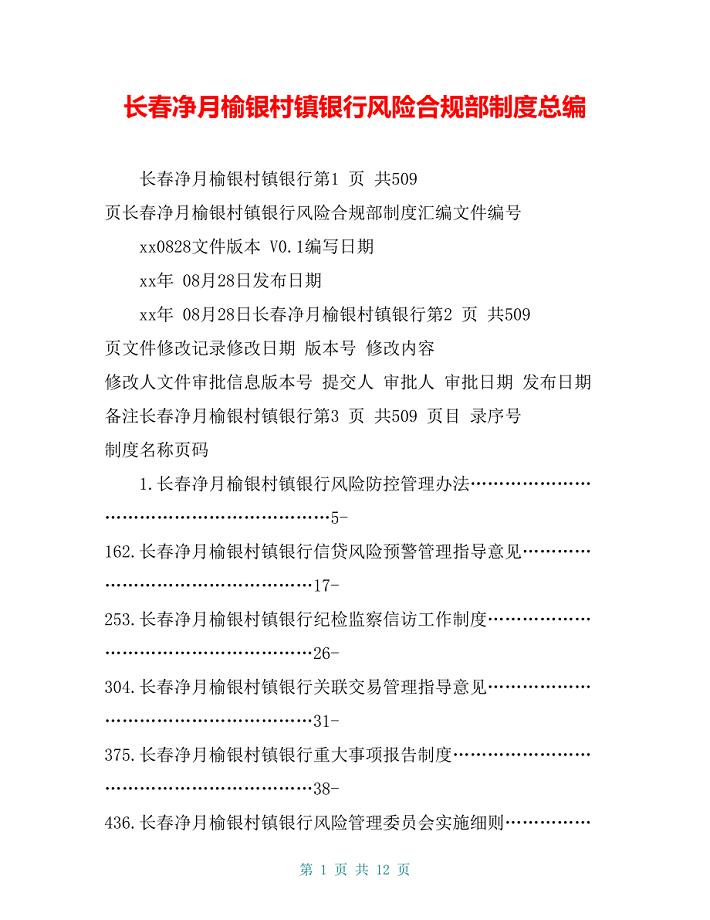 长春净月榆银村镇银行风险合规部制度总编