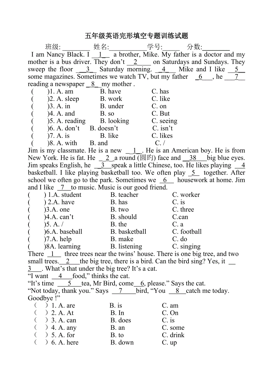 五年级英语完形填空专项训练_第1页