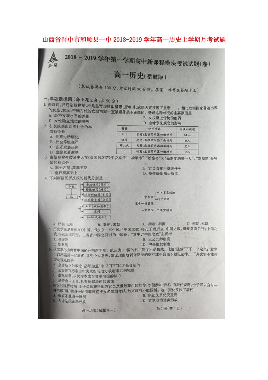 山西省某知名中学高一历史上学期月考试题_第1页