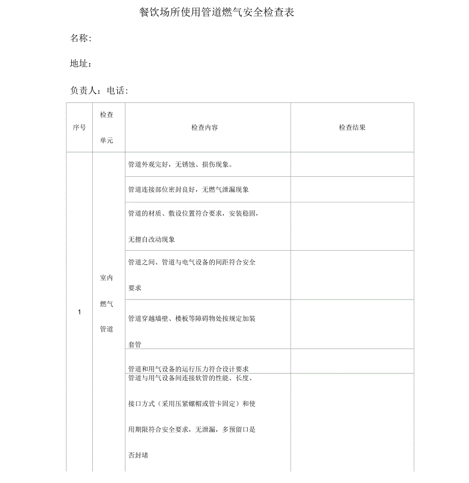 餐饮场所使用管道燃气安全检查表_第1页