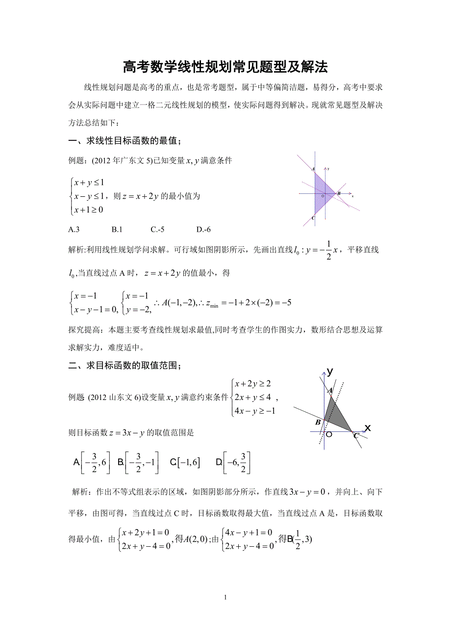 高考数学线性规划常见题型及解法_第1页