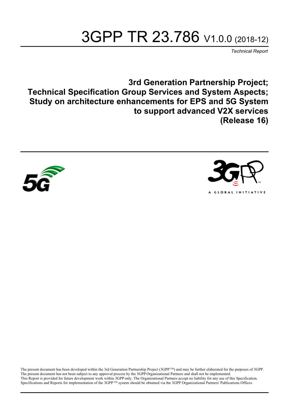 TR 23.786 V1.0.0 (2018-12) Study on architecture enhancements for EPS and 5G System to support advanced V2X services_第1页