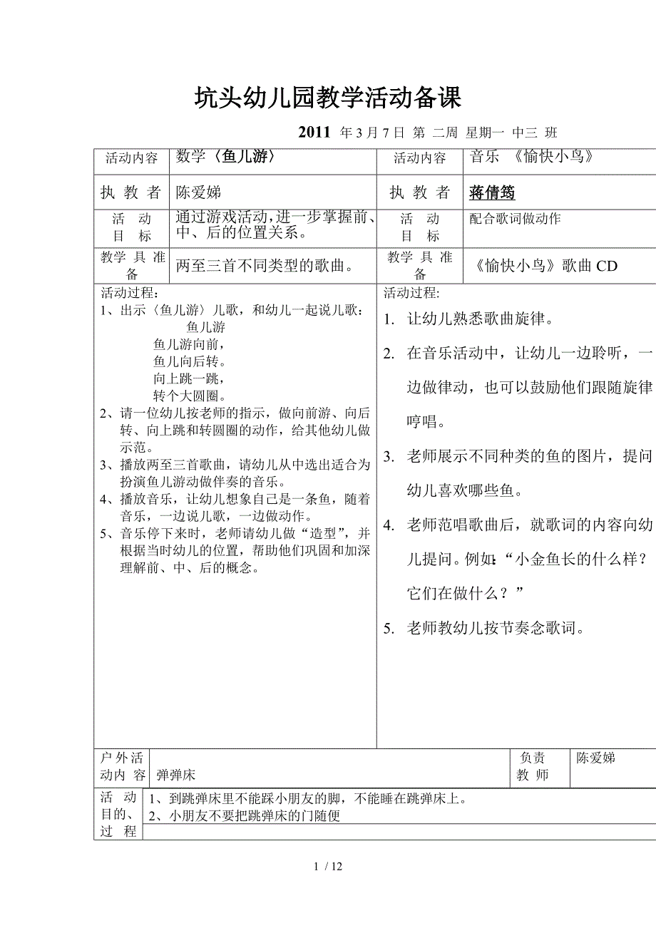 坑头幼儿园2011学年第二学期中三班备课第二周_第1页