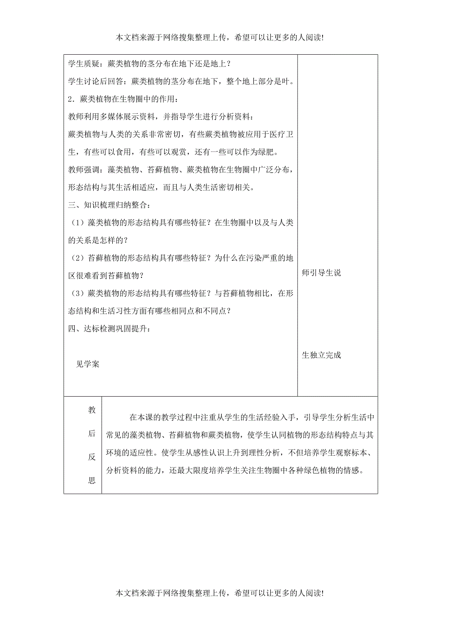 七年级生物上册 第三单元 第1章 第1节 藻类苔藓和蕨类植物教案 （新版）新人教版_第4页