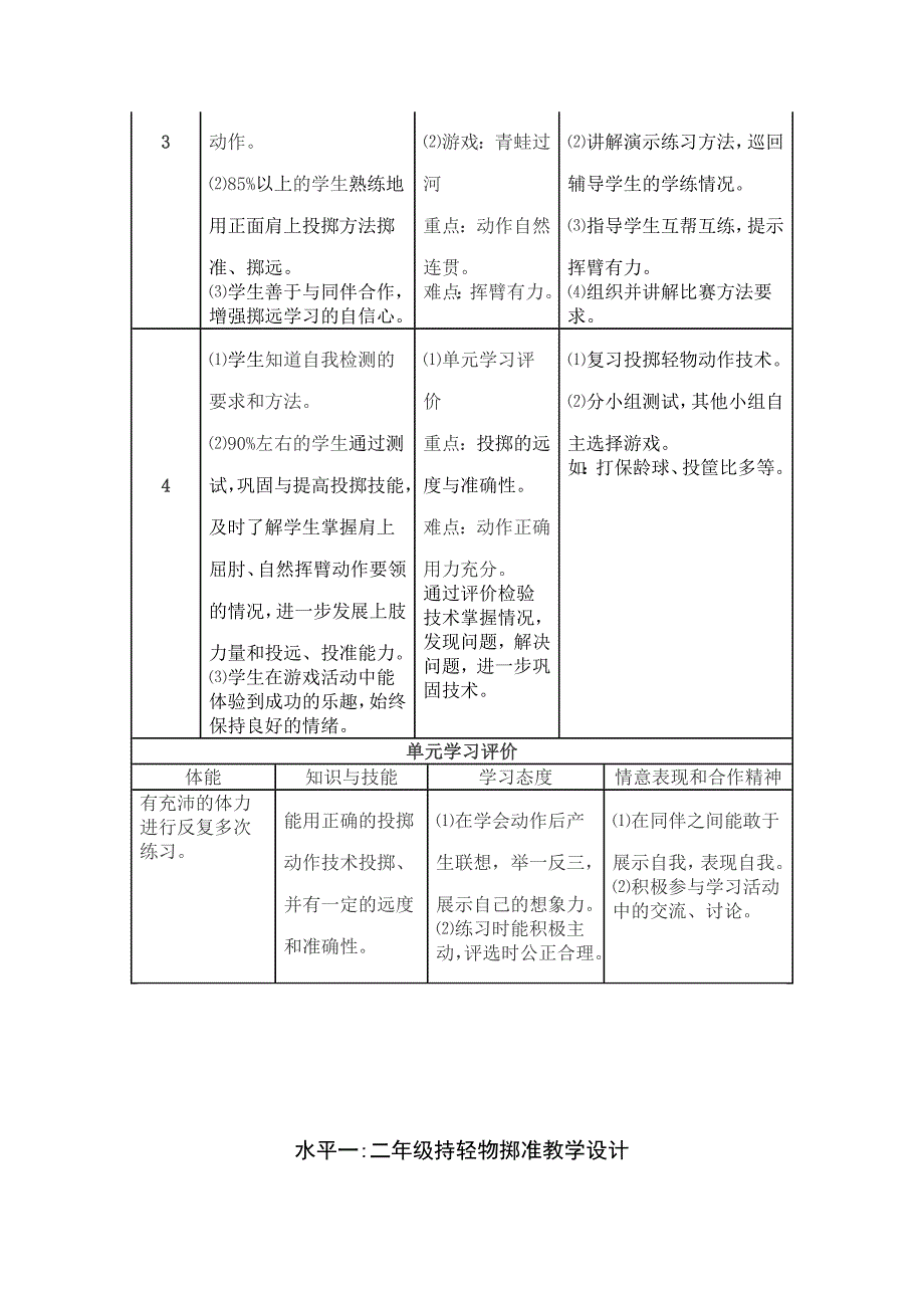 水平一：二年级正面肩上投掷单元教学计划.doc_第2页