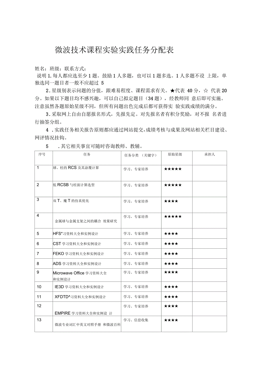 微波技术课程实践任务分配表_第1页